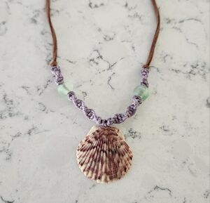 Handmade Boho Purple Scallop Shell Leather Cord Beaded Necklace Beachy Summer
